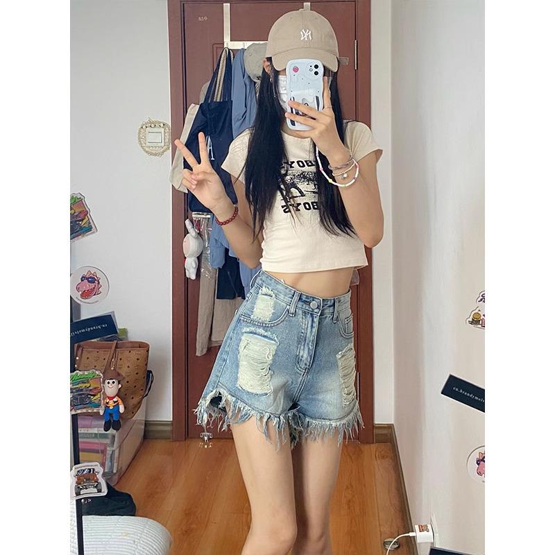 High-Waisted Ripped Vintage Wash A-Line Shorts for Women - Summer 2025 Collection