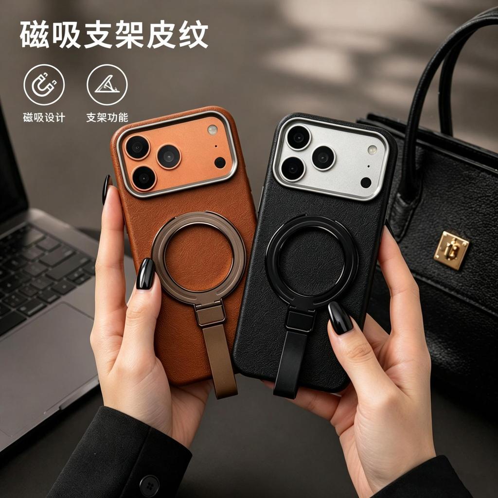 Premium sense business application iPhone18 portable rope magnetic suction bracket mobile phone case Apple 17promax leather pattern case