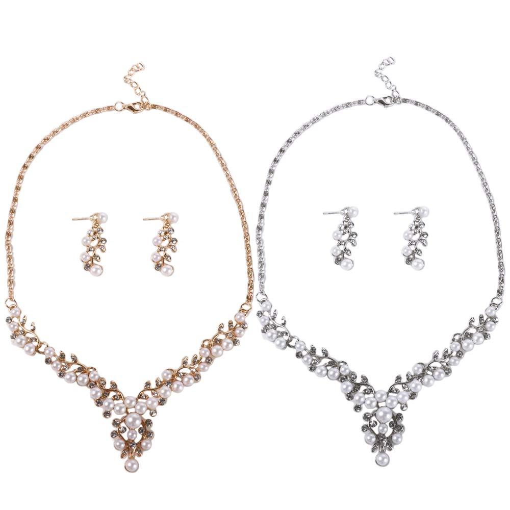 Imitation Pearl Gold/Silver Simulated Necklace Earrings Jewelry Sets Bridal Wedding Silver Plated