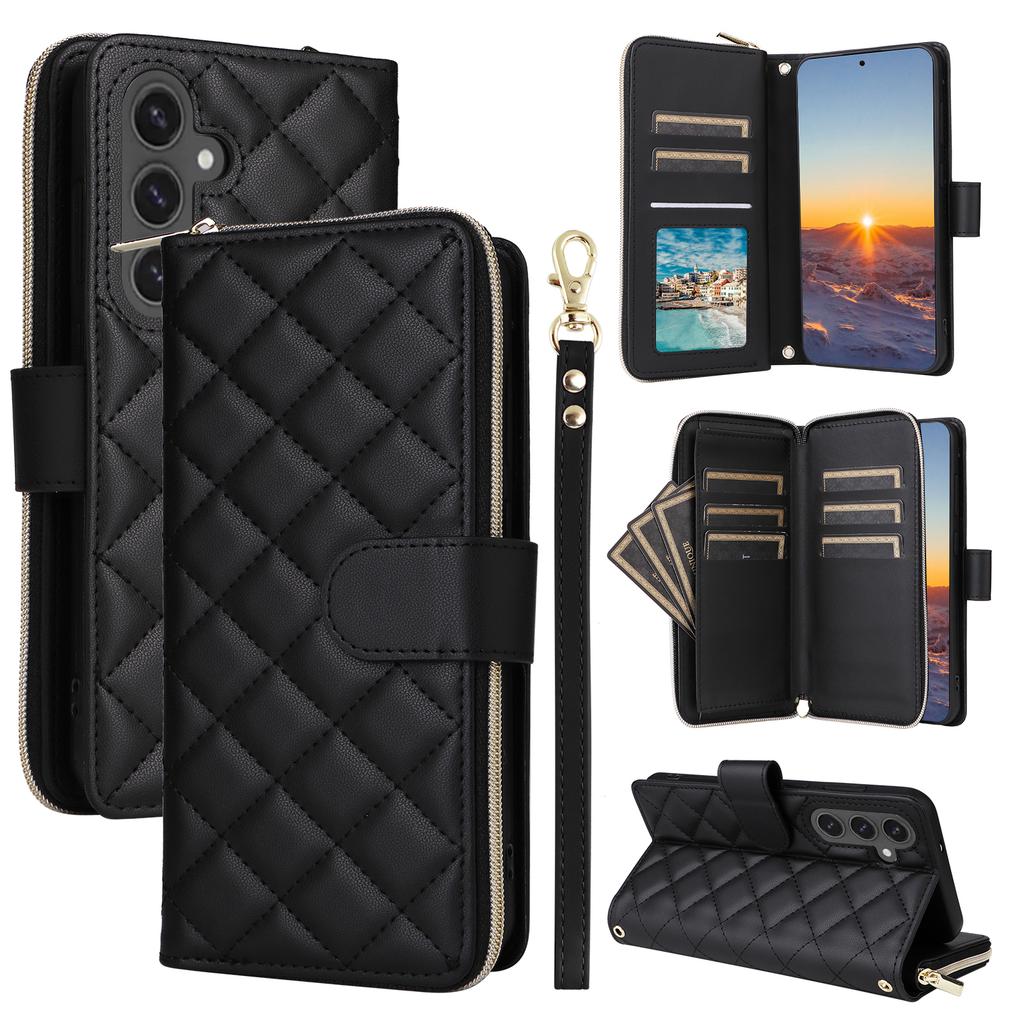For Samsung Galaxy S24 FE Case Zipper Wallet Rhombus PU Leather Crossbody Phone Bag