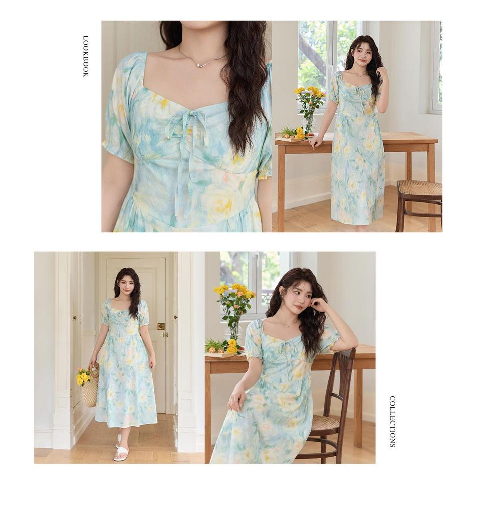 Blumenprint-Maxikleid in Übergröße mit Puffärmeln und Taillengürtel für einen schlankmachenden, süßen Sommer-Look