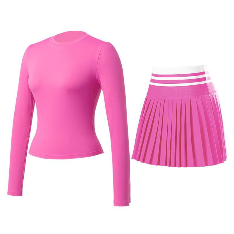 

Sports Suit Short Yoga Long-sleeved Elastic Tennis Dress Quick-drying Slim Abdomen Running Fitness Top Set M