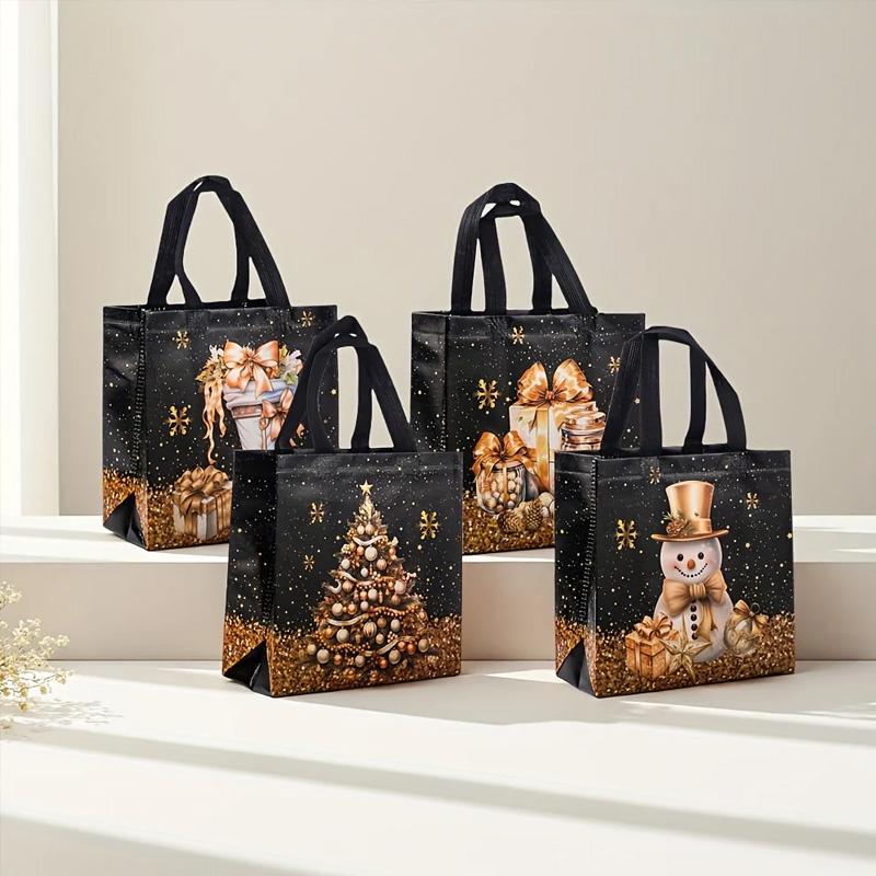 1 STuks met Handvatten Sneeuwpop Cadeautassen Zwart & Gouden Kerstboom & Kous Ontwerp Tote Bags Waterdicht