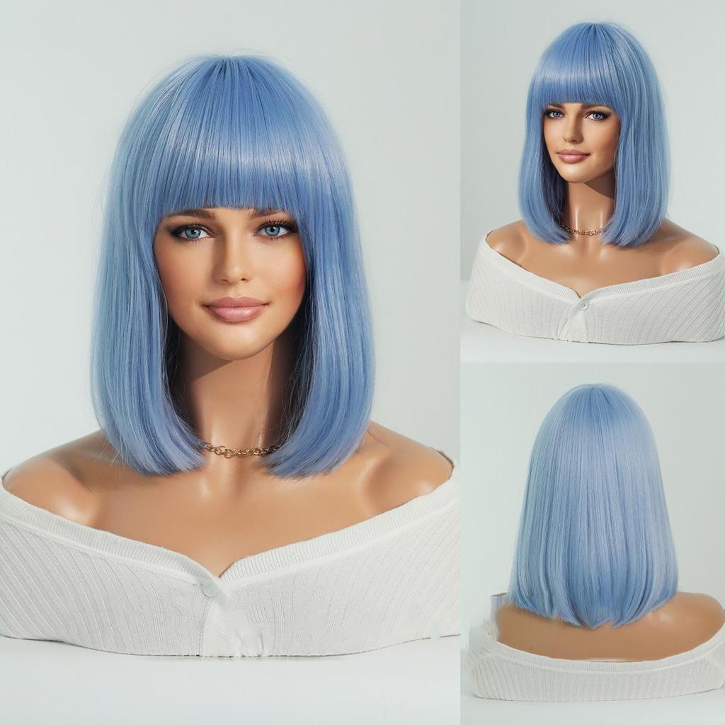 Women's Simulation Wig 36cm Hair Short Straight Wig Full Headgear Rose Hair Net Headdress Beauty Decoration Wig