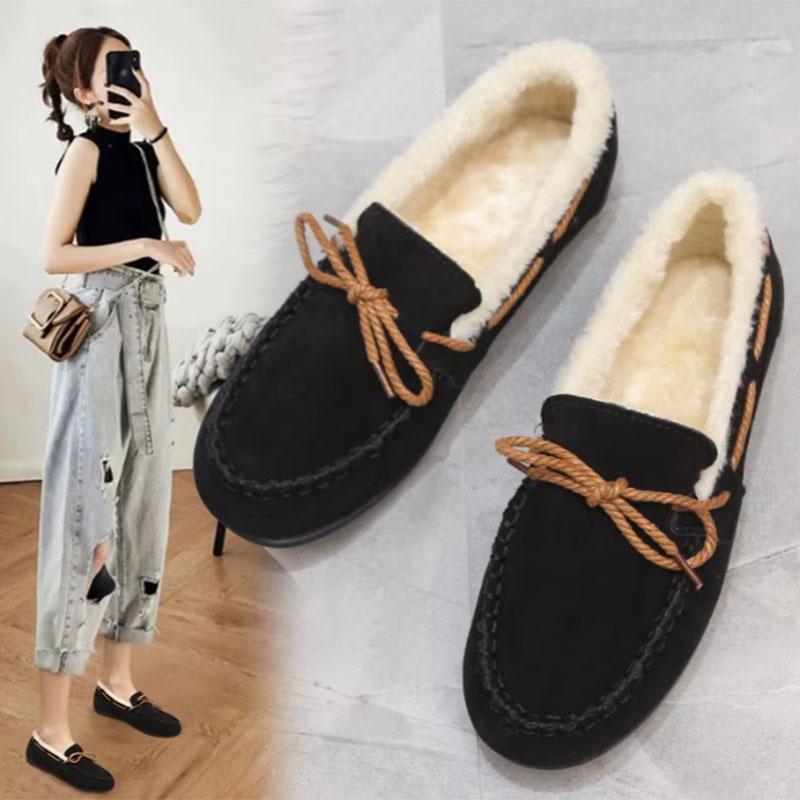 Winter Shoes Women Casual Flat Shoes Women's Moccasins Soft Loafers Fashion Comfort Warm Plush Bow Slip on Female Cotton Shoes