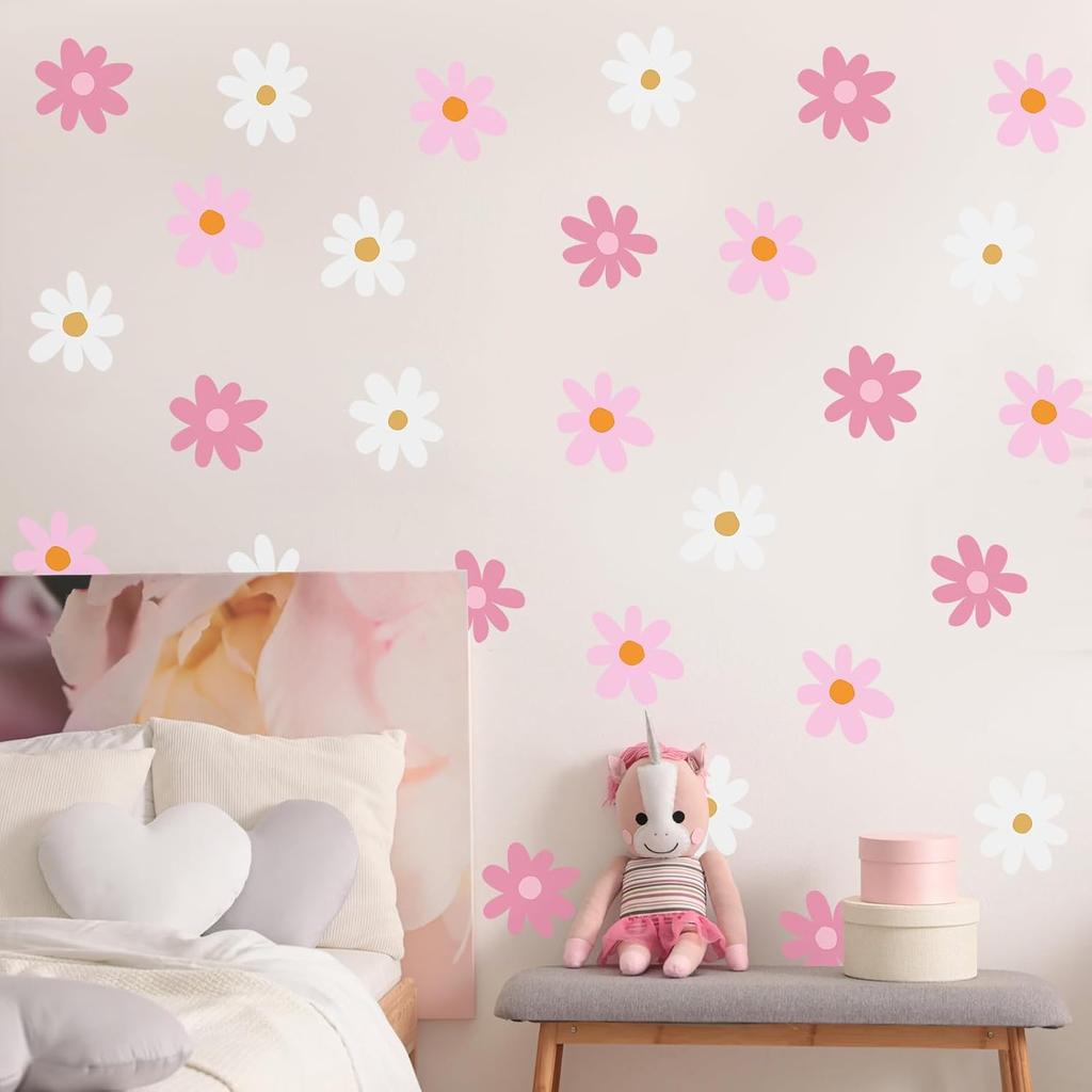 BBTO Daisy Wall Decal Flower Vinyl Wall Floral Decals Peel and Stick Daisy Stickers for Kids Nursery Art Bedroom Living Room(Pink, White)