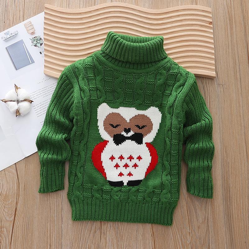 

Детские свитера осень и зима с длинными рукавами для мальчиков и девочек, вязаный свитер с мультяшным принтом и высоким воротом 100cm зелёный