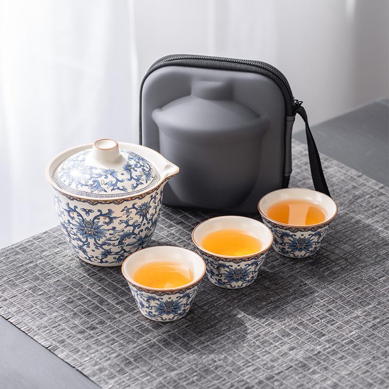 Dingyao blue and white travel tea set, one pot and three cups, outdoor portable set, light luxury business company commemorative gift