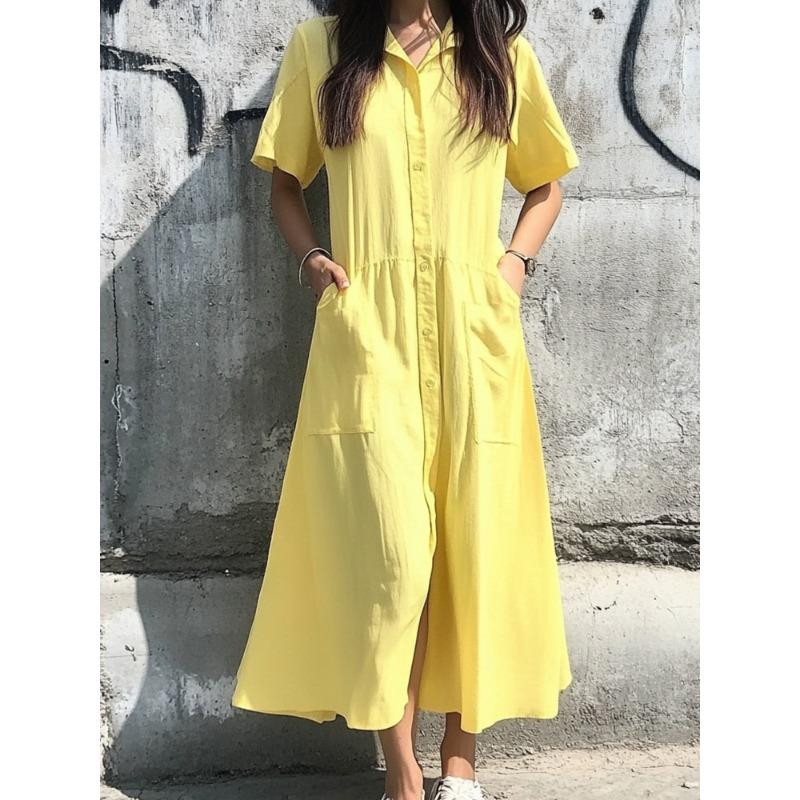 JPNTKY Women's Fashion Summer Spring Solid Color Print POLO Neck Short Sleeve Casual Dresses