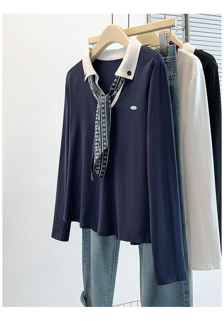 

Plus Size Women s Lapel Silk Scarf Polo Top 4XL королівський синій колір