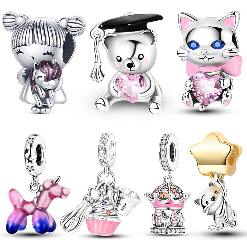 Copper Charms Penguin Unicorn Carousel Pendants Fit Original Pan Bracelet Beads Diy For Jewelry Making