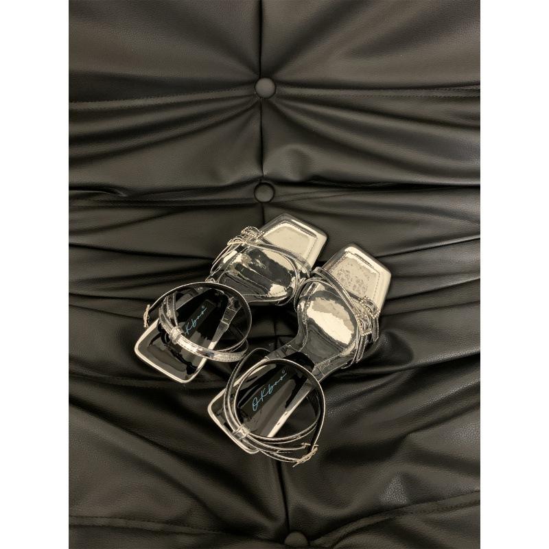 2025 spring and autumn new fashion word with high heels women's French sandals temperament thick heel patent leather rhinestones