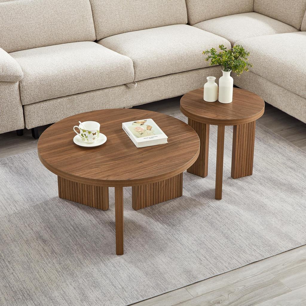 Modern Round Coffee Table Set with Grooved Structure Side Table Coffee Table - Elegance & Functionality for Living Room and Office (2 Pieces)