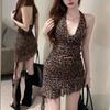 Vestido Mini Asimétrico Fruncido de Verano para Mujer con Estampado de Leopardo y Cuello Halter