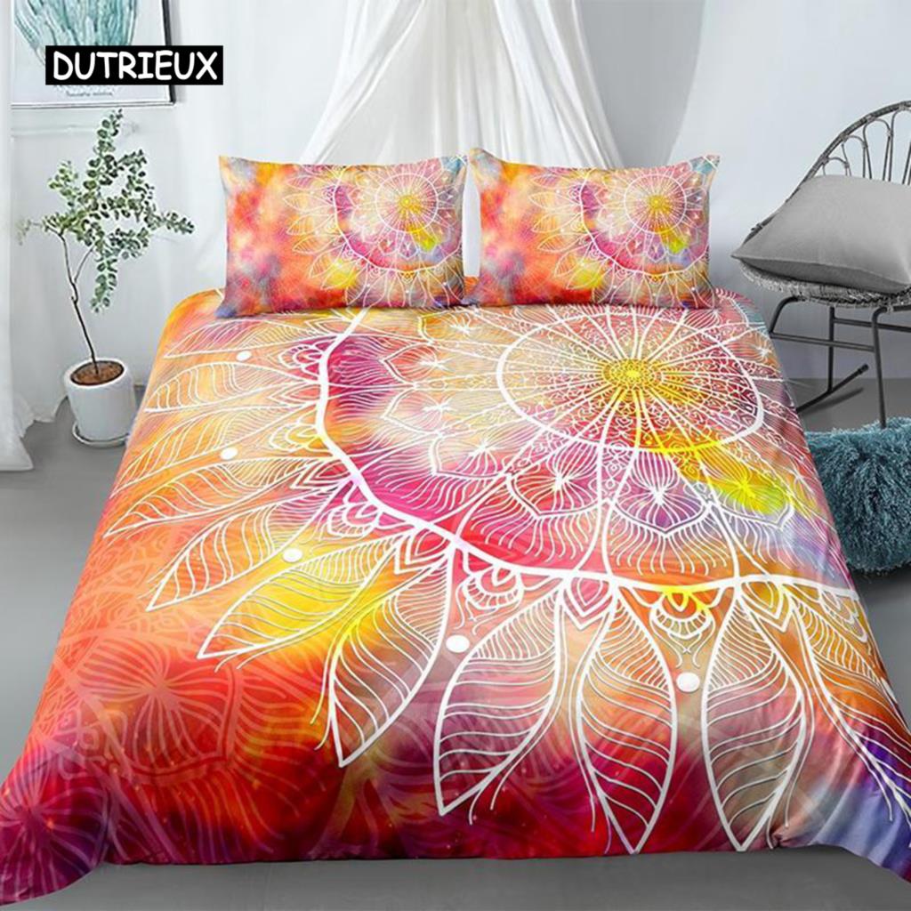 Mandala Duvet Cover Set King Polyester Tie Dye Paisley Quilt Cover Purple Boho Hippie Trippy Floral Exotic Style Bedding Set