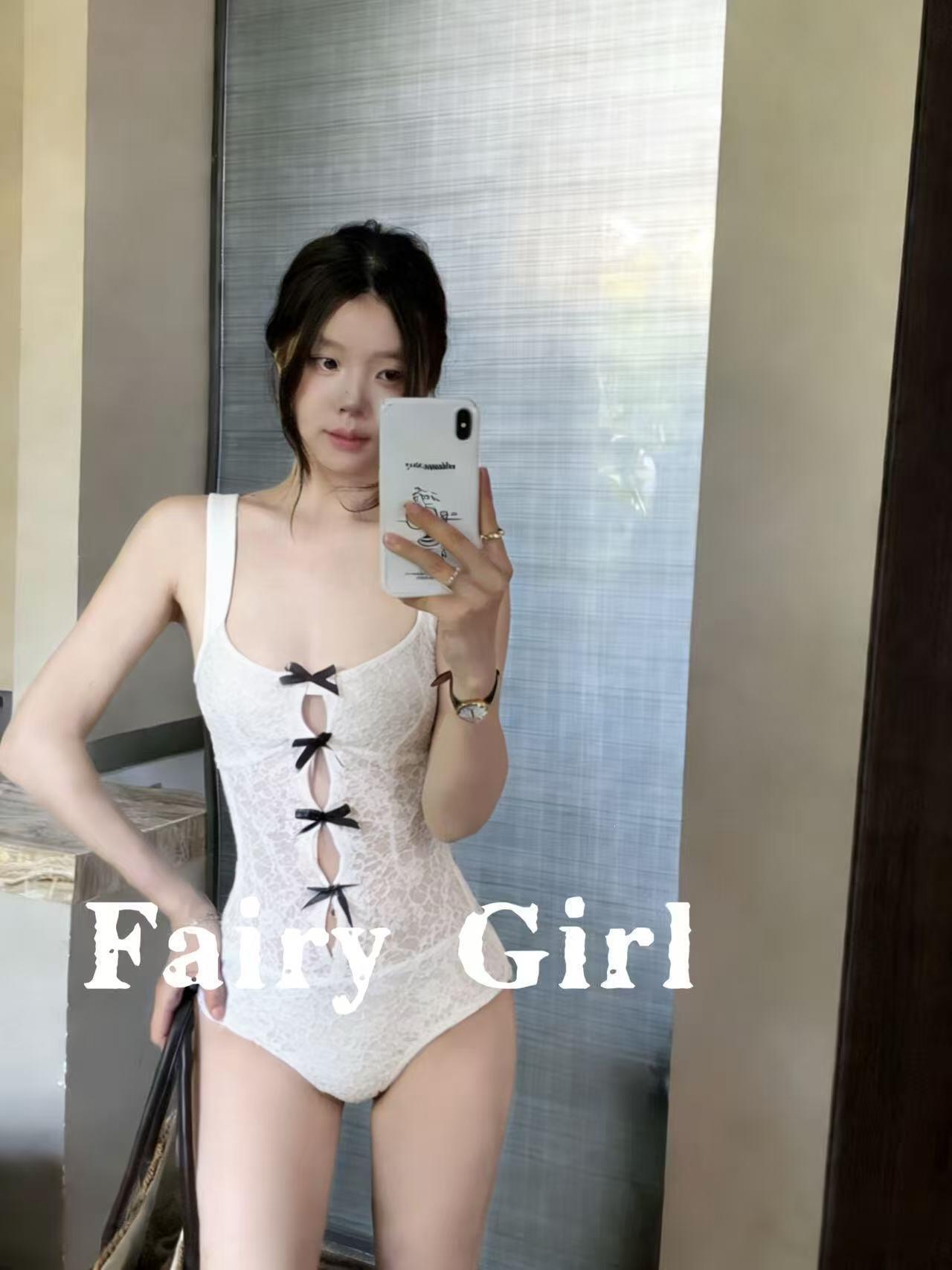 

[Delicate daughter] Pure desire small fragrant wind bow one-piece swimsuit s hot spring vacation swimsuit M белый