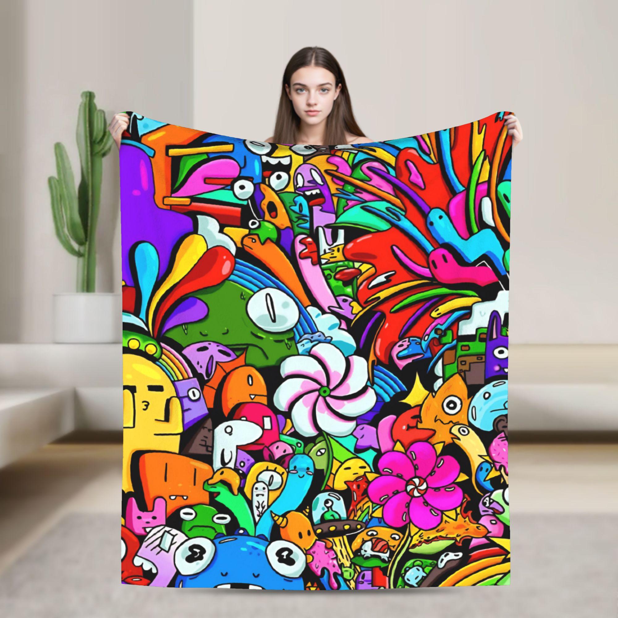 

Super Warm BlanketKids Adult Camping Cartoon Cute Doodle Throw Blanket Flannel Bedspread For Outdoor Novelty Sofa Bed Cover 75x90cm