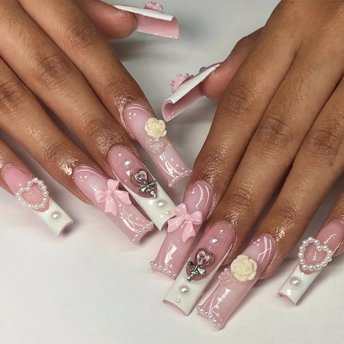

Sweet Fairy Wand Long Pink Bow Nail Tips & Art Patches