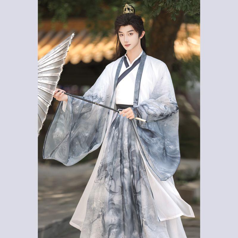 Chinese Wei And Jin Dynasties Style Hanfu Male Calligraphy Black Elegant Knight Martial Arts Suit