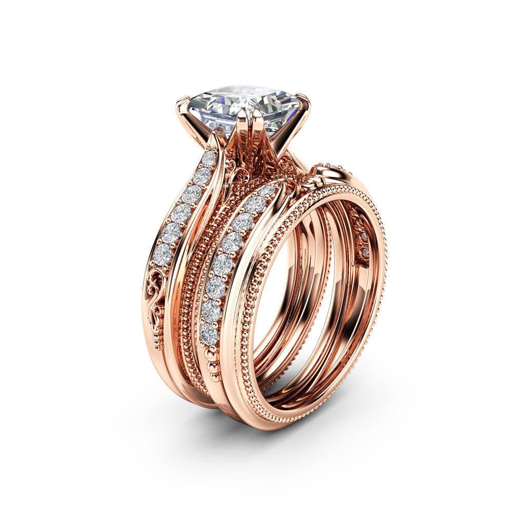 

14k Rose Gold Vintage Square Zirconia Engagement Ring Set for Women Princess Cut Wedding Band no. 6