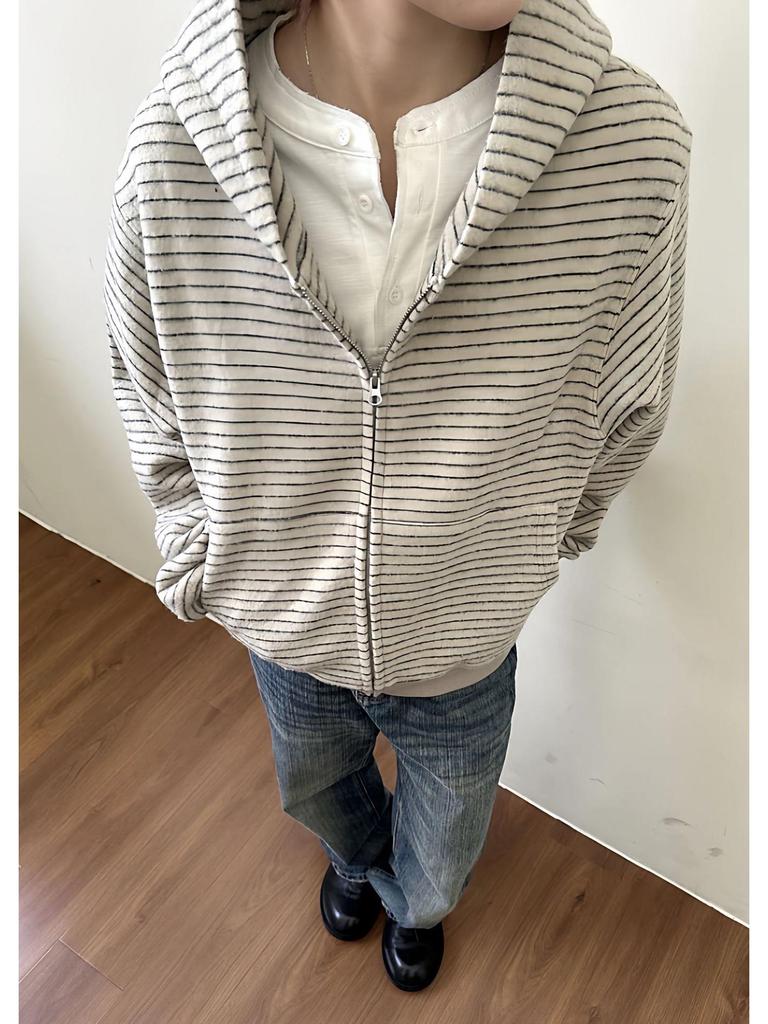 Unisex Striped Velour Hooded Cardigan Sweatshirt, Autumn/Winter, National Trend, Loose Fit, Versatile Zip-Up Jacket
