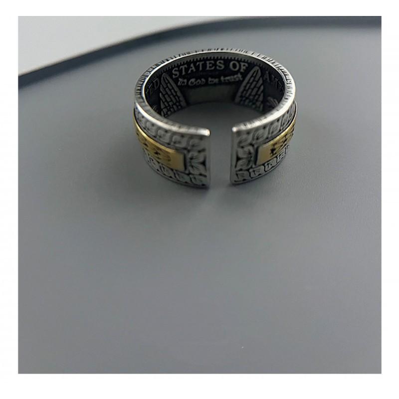 Adjustable Open Ring Men Women Vintage Coin Motif Geometric Silver-Plated Statement Retro Boho Chic Jewelry