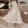 Women'S Clothing European, American Spring, Summer And Autumn New Crew Neck Cardigan Lantern Sleeve Solid Color Dress