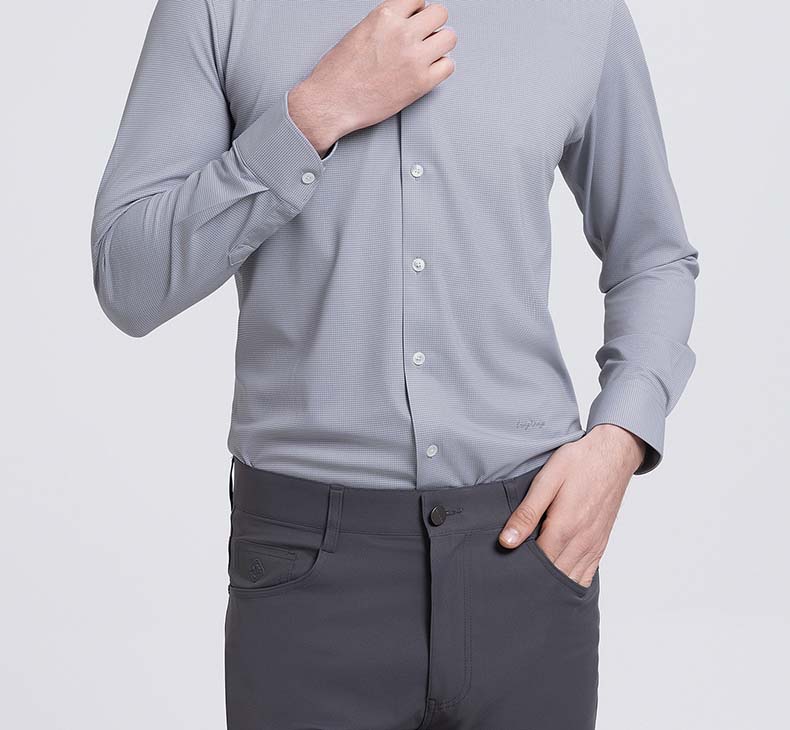[Containing Mulberry Silk] Langdeng Spring/Summer Anti Wrinkle Men's Formal Shirt with Grid Pattern Business Casual Long Sleeve Shirt for Men