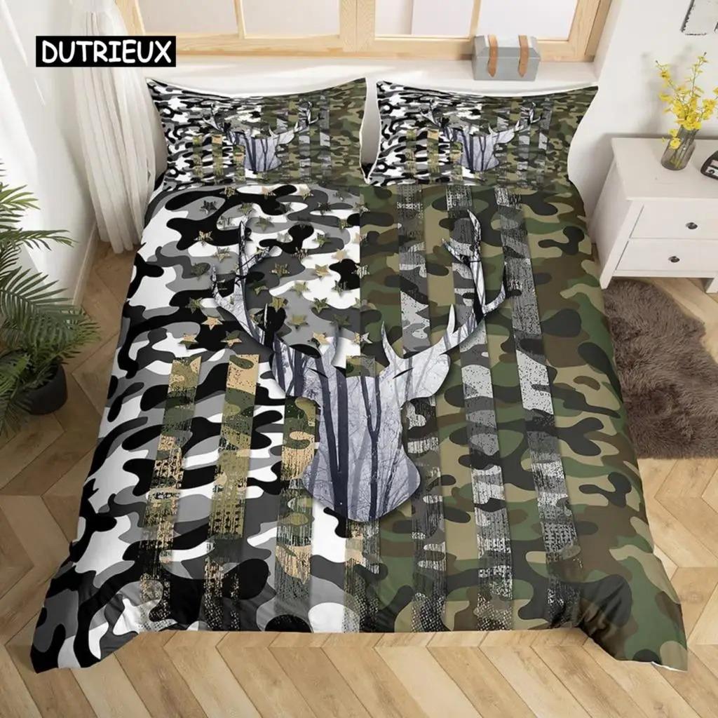 Camo Deer Duvet Cover Set Antlers Arrow Pattern Bedding Set Stripes Gird Camouflage Comforter Cover Microfiber King Quilt Cover