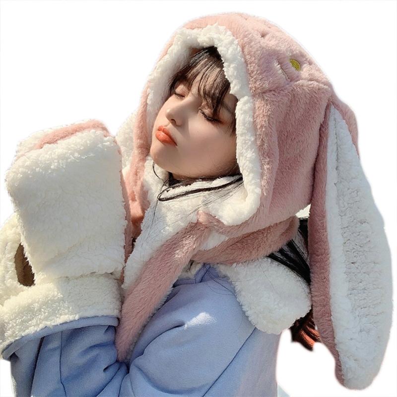 3in1 Winter Hat Glove Scarf Set Warmer Soft Plush Cartoon Rabbit Hat for Student