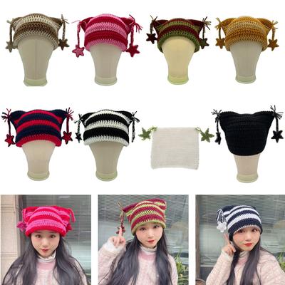 Fashion Beanie Hat for Women Girls Fox-Ear Knitting Hat Woolen Yarn Cap Girls Bonnet Y2K Star Tassel Hat Adult Headdress