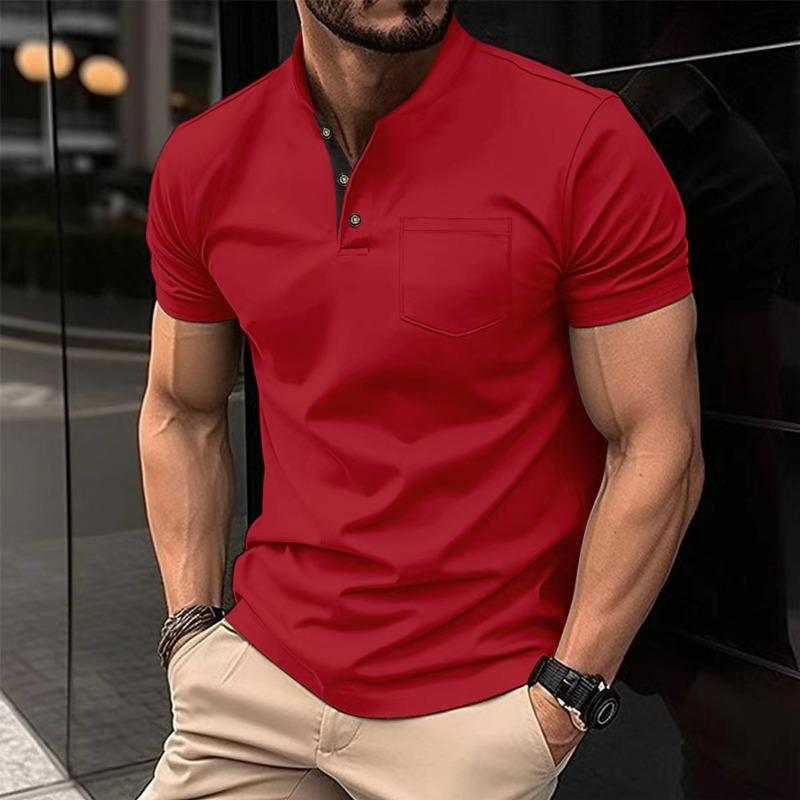 Summer New Foreign Trade Large Size Men's Solid Color Short-sleeved Button-up Pocket T-shirt Polo Shirt
