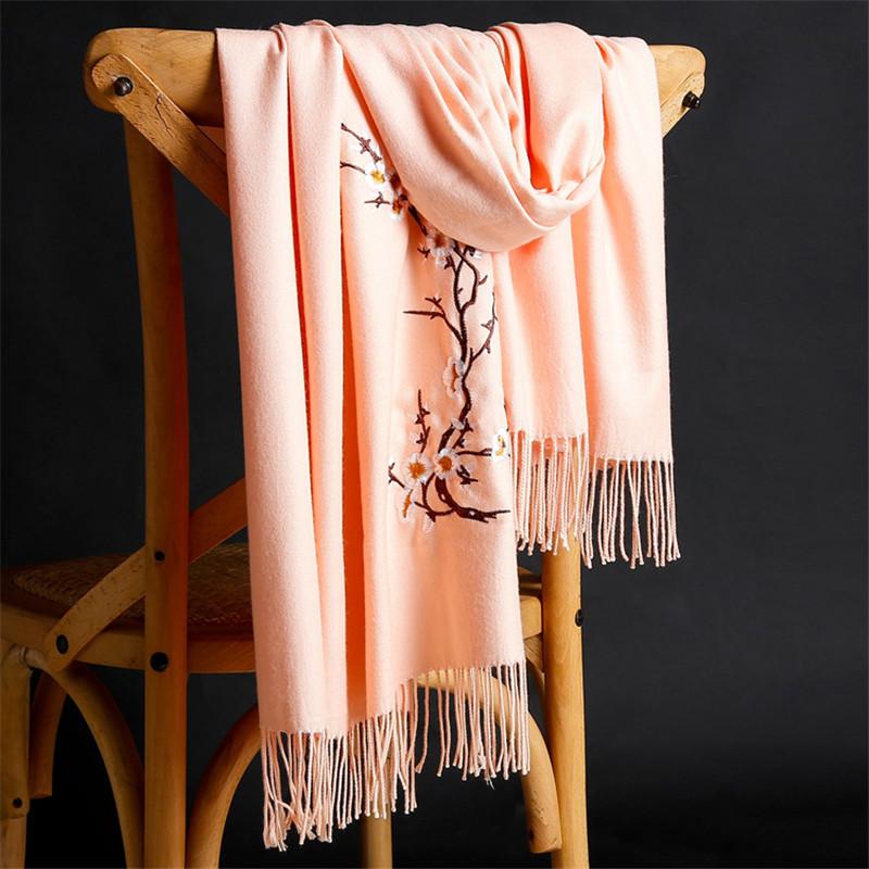 Lamaxpa 2018 Winter Warm Solid Scarf For Women/Lady Soft Wool Pashmina Shawls Flower Embroidery Cashmere Female Wraps Capes