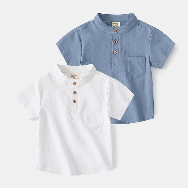 Boys' Summer Short-sleeved V-neck Shirt Middle and Small Children Solid Color Casual Tops