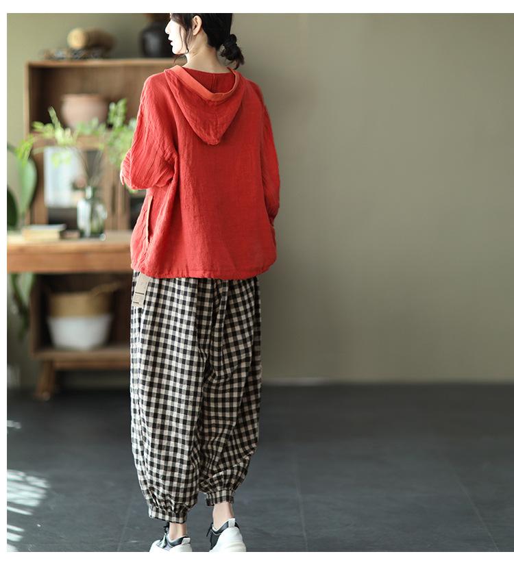 Sommar Retro Bomull Linne Huvförsedd Kofta: Solskyddstopp med lång ärm i plusstorlek