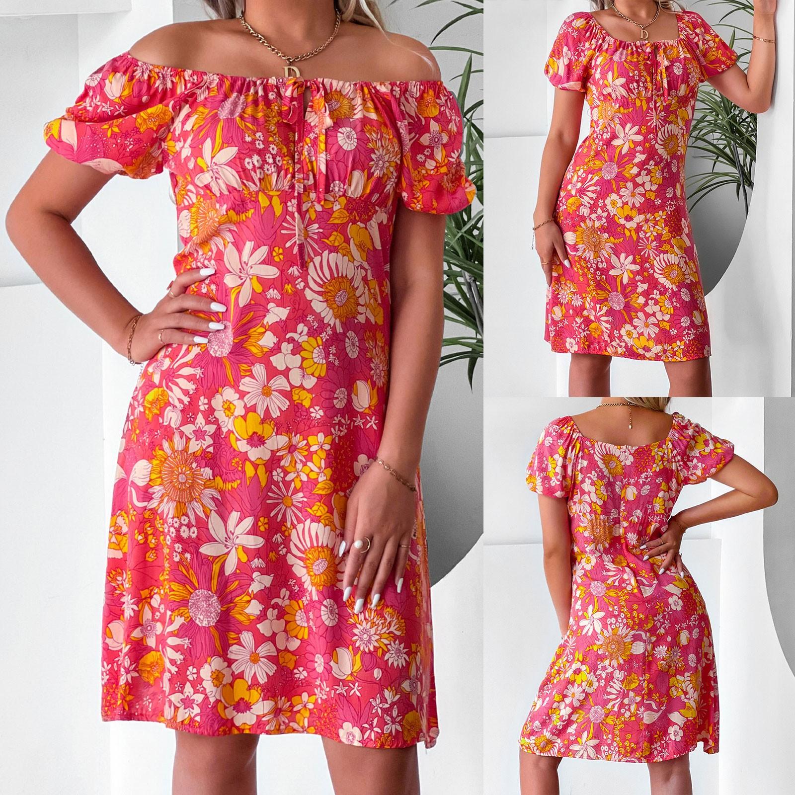 

Женское летнее повседневное сексуальное платье с открытыми плечами и принтом