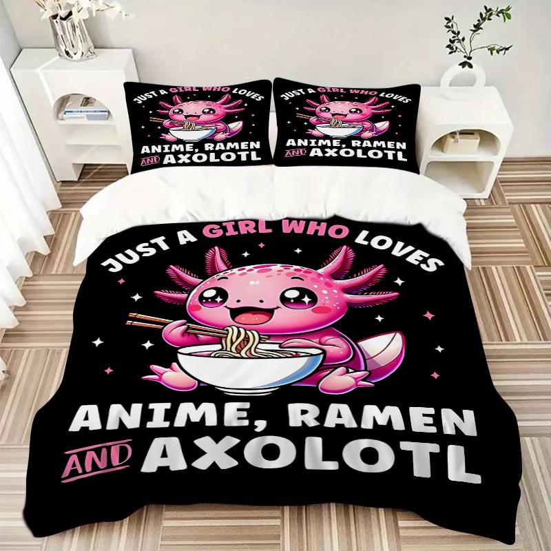 3pcs Colorful Axolotl Enjoying Ramen Quilt Cover Set (1 Quilt Cover + 2 Pillowcases Without Pillow Core), High-Definition Printing for Home and D