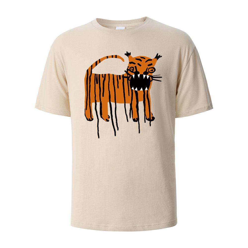 2025 New Summer Men's Horror Tiger Print Crew Neck T-shirt Pure Cotton Breathable Top Daily Casual Loose Large Size Short Sleeve