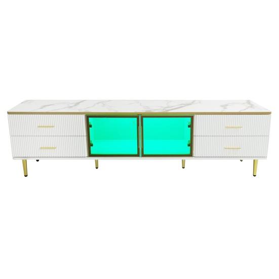 TV Cabinet with LED Light 4 Drawers Spacious Countertop High-Gloss Television Stand Painting Mid Century Modern Living Room Furniture Console