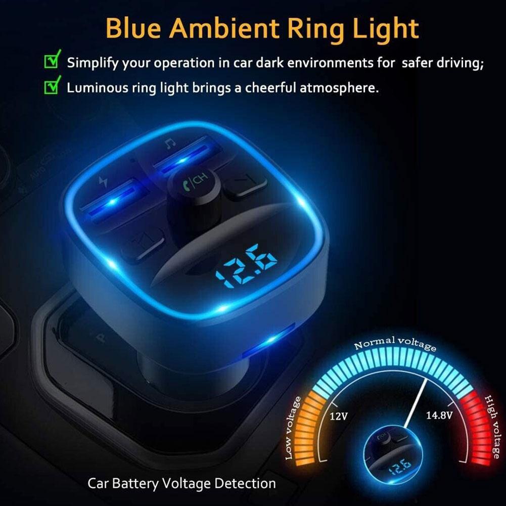 Car Adapter Bluetooth 5.0 Wireless 2 USB Port Charging Hand-free Call Blue LED Light Fast Charging FM Transmitter Car Accessory