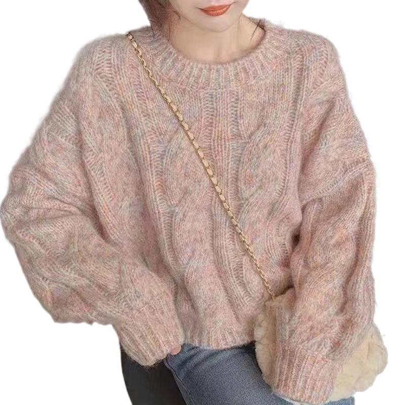 Damen Flauschiger Mehrfarbiger Lässiger Pullover: Herbst/Winter Dicker Strickpullover