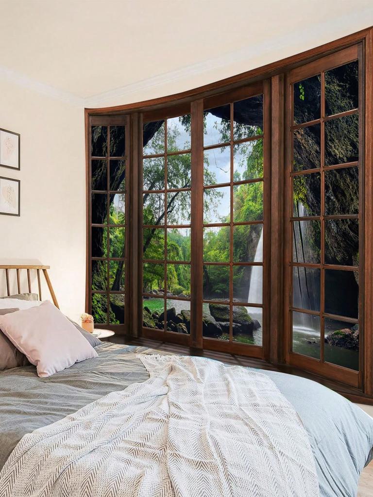 Tapisserie Fenêtre 3D Cascade Forêt Fenêtre Factice Paysage Naturel Impression Accrochage Mural Pour Chambre Salon Décoration Intérieure Multiple