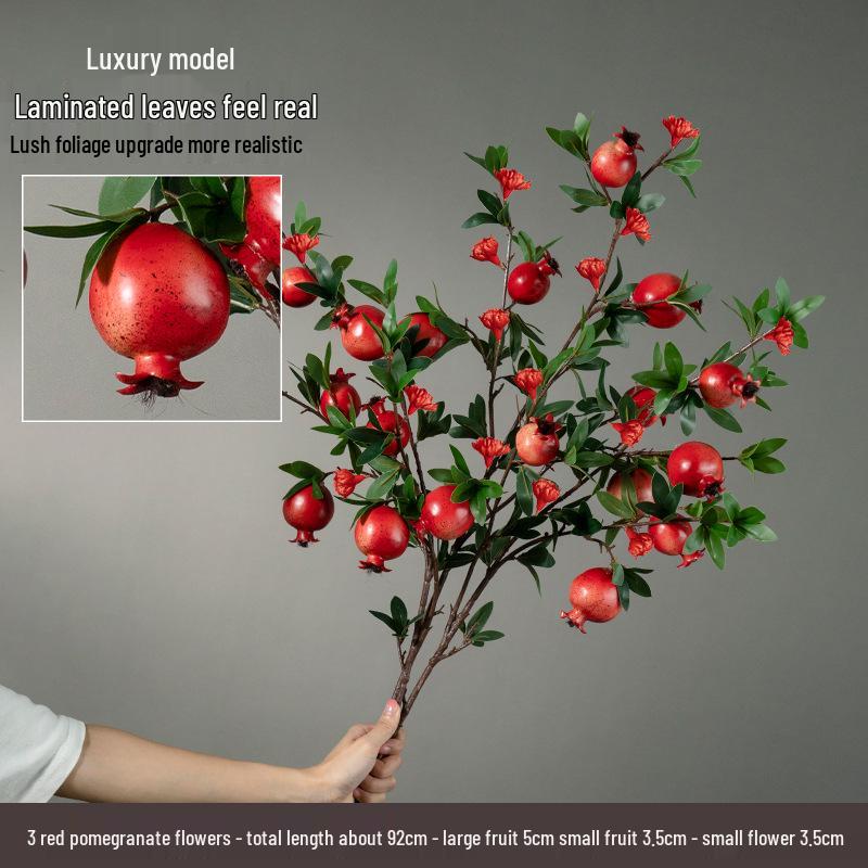 High-End Artificial Pomegranate Flower & Fruit Tree Branch Arrangement for Living Room or Dining Table Decor.