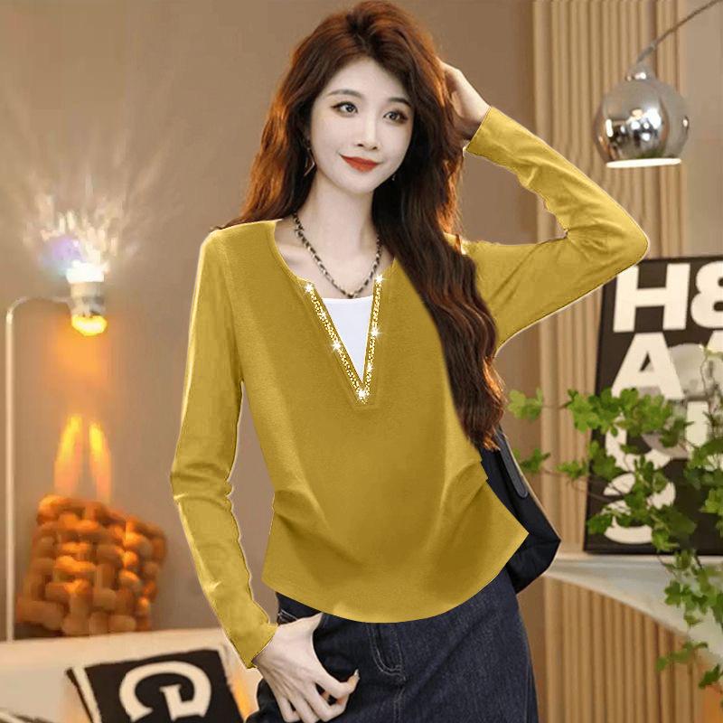 Autumn and Winter Base Button-down for Women Long-sleeved New Versatile Fitted Casual T-shirt for Spring Fake Two-piece Nail Beaded Diamond T-shirt
