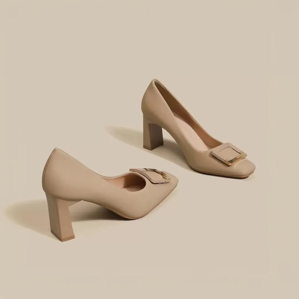 Damenschuhe klassisch runde Spitze braunes Leder Slipper quadratischer Absatz Schuhe Dame cool Komfort Arbeitspumps ab693