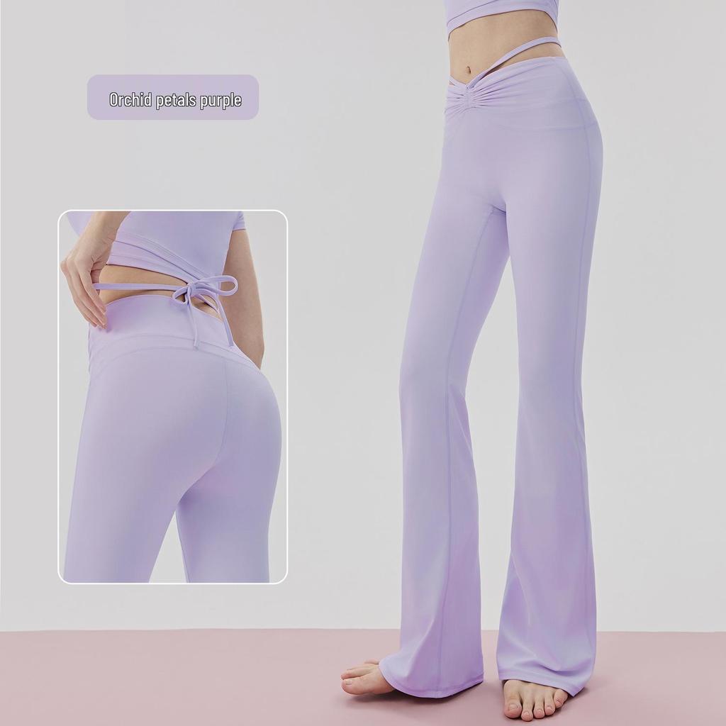 Women's Cooling Yoga Suit: Short Sleeve Top with Built-in Bra & Draping Tie-up Micro Flare Pants Set