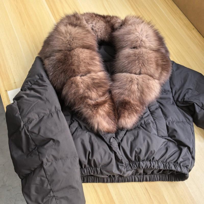 Womens Short Puffer Coat With Oversized Fox Fur Collar Warm Winter Outerwear Loose Fit Stylish Daily Wear