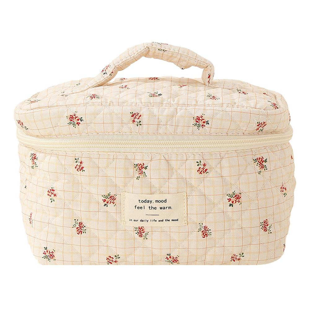 

Women Cute Storage Handbag Printed Cotton Quilted Makeup Handbag Large Capacity Zipper Closure Female Girls Bag for Daily Travel
