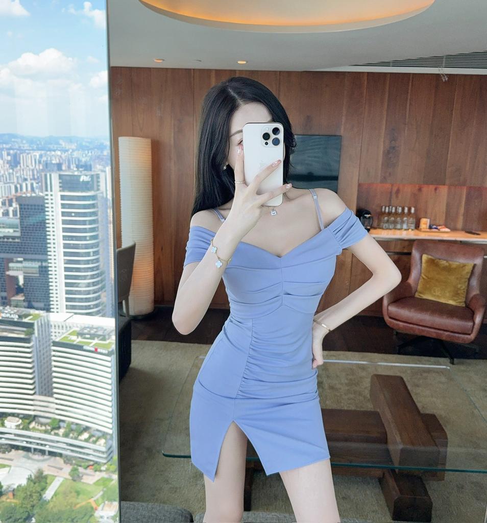 Summer new solid color suspender slim hip dress women's pleated slim short sleeve sexy split skirt