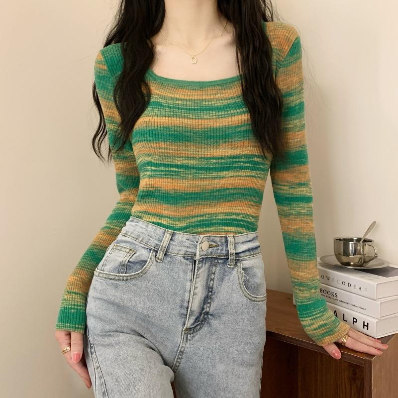 

Contrasting Striped Square Neck Knitted Bottom Shirt Women s Spring Slim Skinny Inner Top Versatile Sweater L зелёный